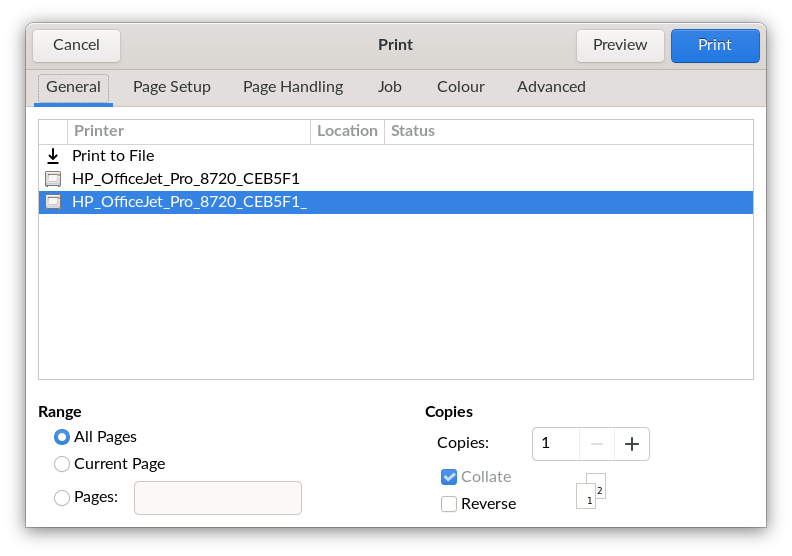 Print window showing two entries for HP OfficeJet Pro 8720