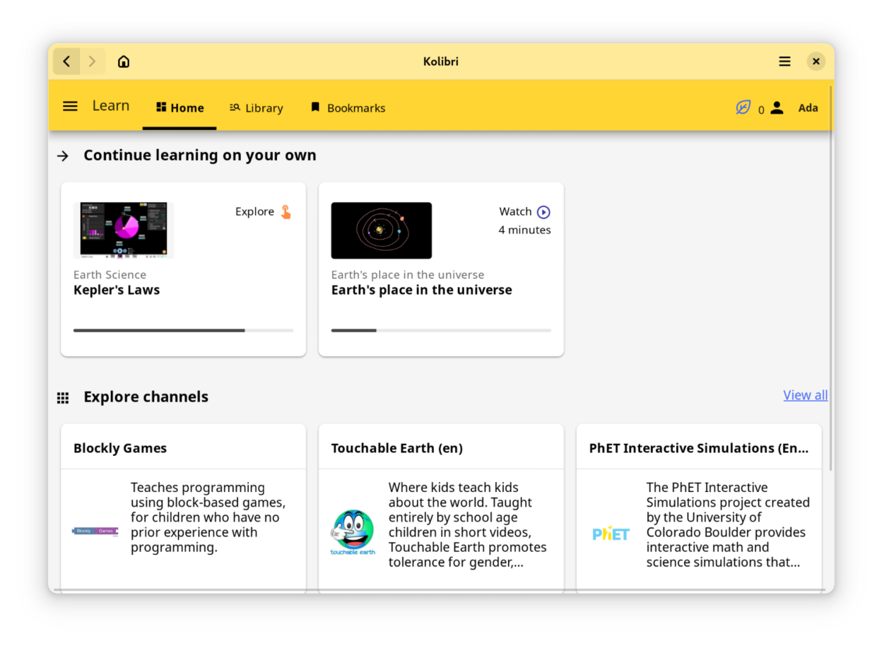 Screenshot of Kolibri app, showing resources about Kepler’s Laws and Earth’s place in the universe, plus Blockly Games, Touchable Earth, and PhET Interactive Simulations