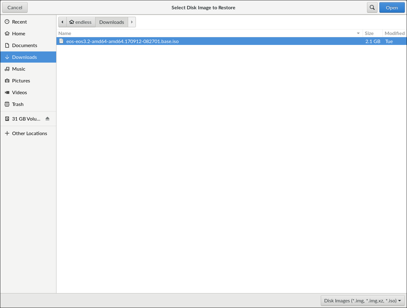 GNOME Disks - Restore Disk Image - select image file