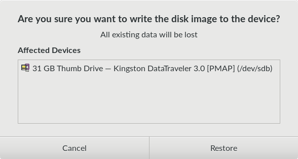 GNOME Disks - Restore Disk Image - Restore Warning popup