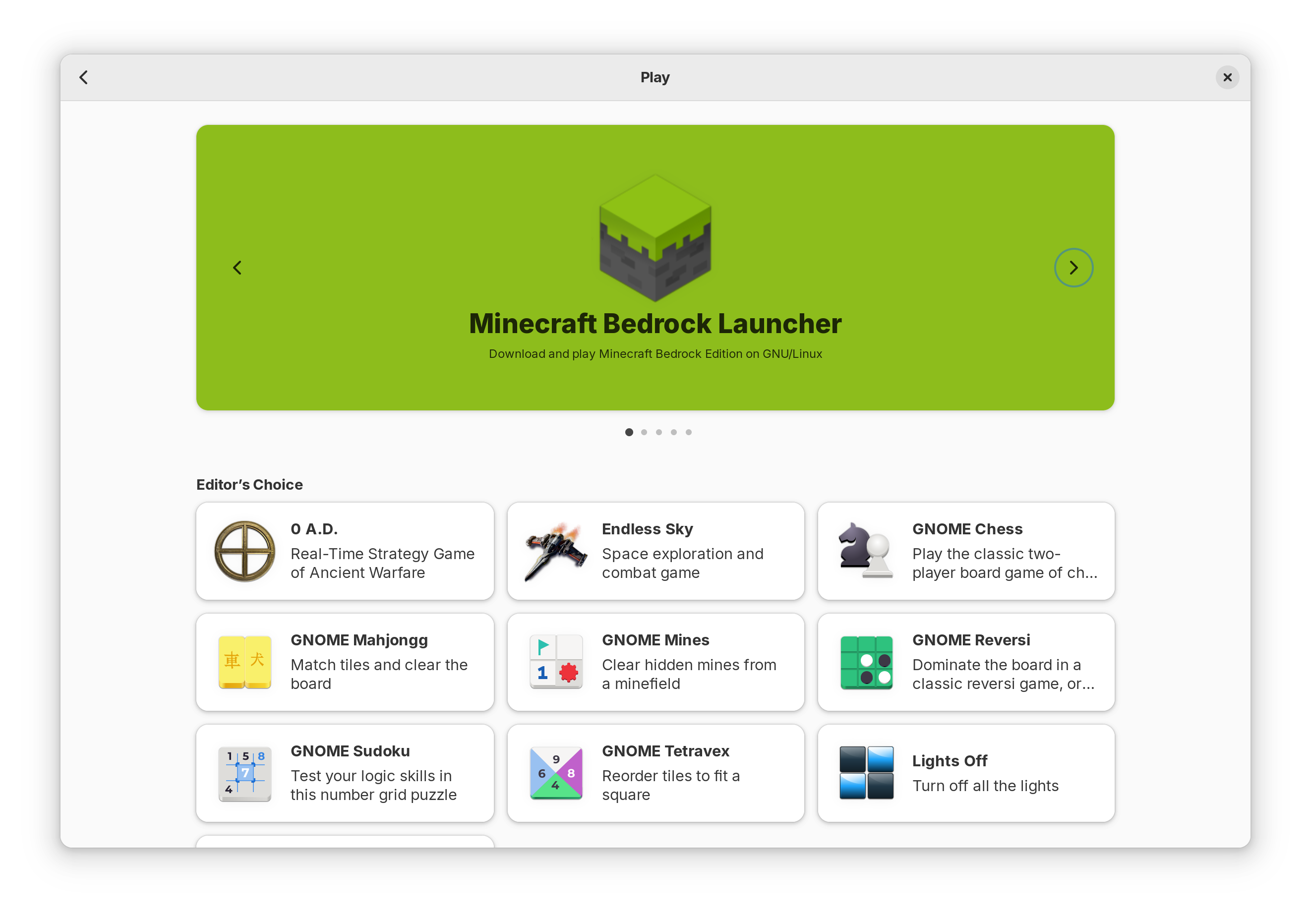 App Center's Play category, with games like Minecraft and Mahjongg
